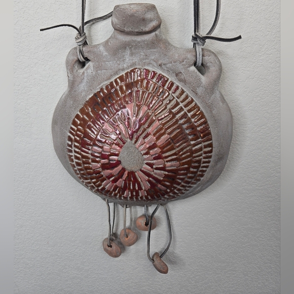 Vintage Ceramic Bag Wall Art, Medicine Bag Leather Straps Tribal Wall Art Rustic - Picture 3 of 12